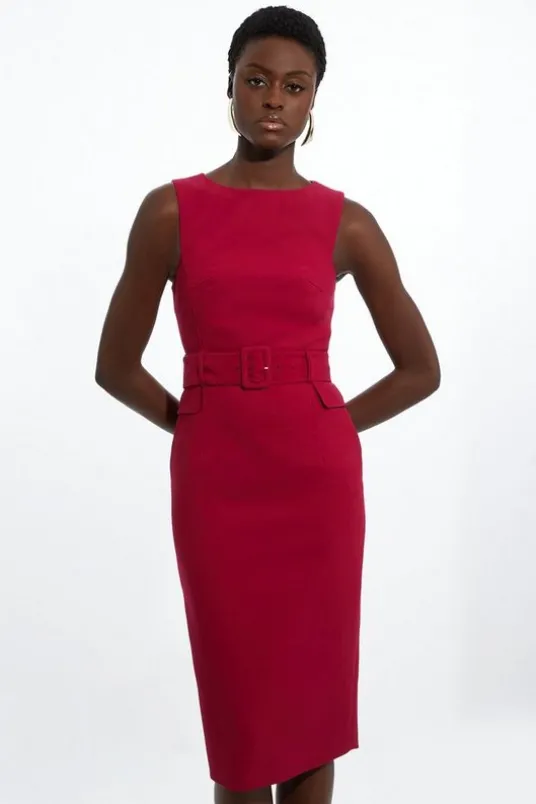 Petite Compact Stretch Belted Tailored Midi Pencil Dress