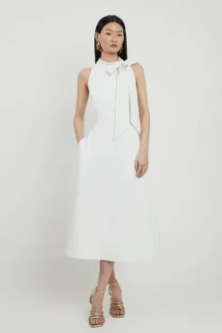 Petite Compact Stretch Bow Tie Neck Full Skirted Midi Dress