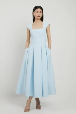 Petite Compact Stretch Clean Tailored Square Neck Full Skirted Midi Dress