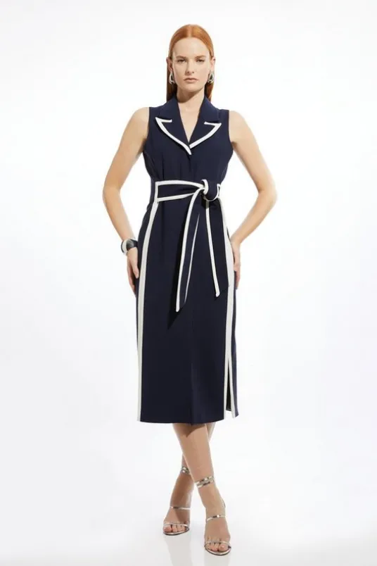 Petite Compact Stretch Contrast Tipped Belted Pencil Maxi Dress