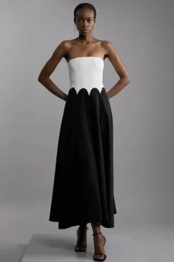 Petite Compact Stretch Color Block Tailored Bandeau Midi Dress