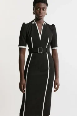 Petite Compact Stretch Contrast Tipped Forever Belted Tailored Midi Dress
