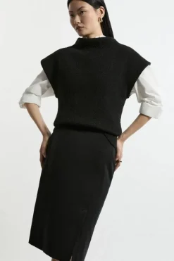 Petite Compact Stretch Color Block Grograin Midi Skirt