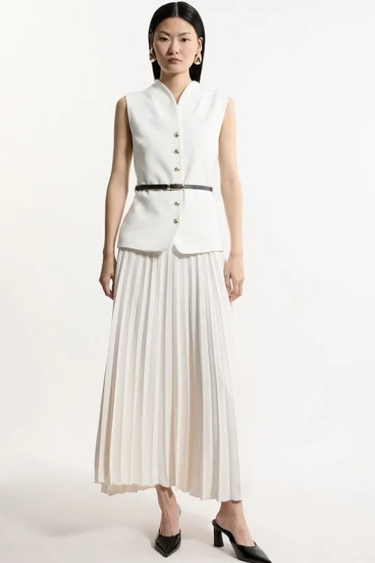 Petite Compact Stretch Fluid Tailored Belted Pleated Full Skirt Maxi Dress