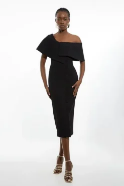 Petite Compact Stretch Off Shoulder Button Through Tailored Midi Pencil Dress