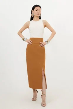 Petite Compact Stretch Side Split Tailored Midi Pencil Skirt