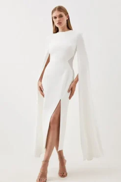 Petite Compact Stretch Viscose Cape Mesh Panel Tailored Midi Dress