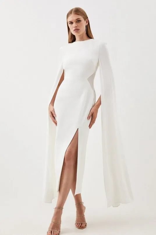 Petite Compact Stretch Viscose Cape Mesh Panel Tailored Midi Dress