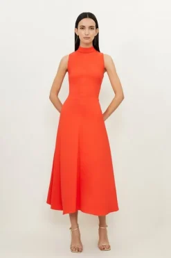 Petite Compact Stretch Viscose Tailored High Neck Tie Detail Midi Dress