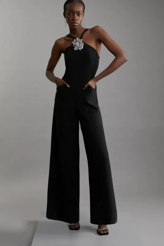 Petite Compact Stretch Viscose Crystal Embellished Rosette Straight Leg Tailored Jumpsuit