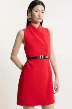 Petite Compact Stretch Wrap Neck Full Skirt Tailored Mini Dress