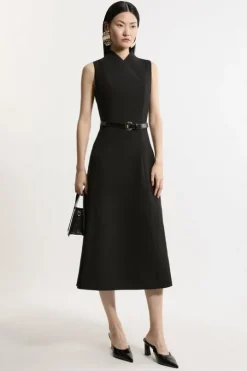 Petite Compact Stretch Wrap Neck Tailored Midi Dress