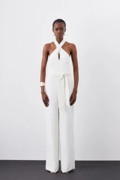 Petite Compact Viscose Stretch Drape Tailored Jumpsuit