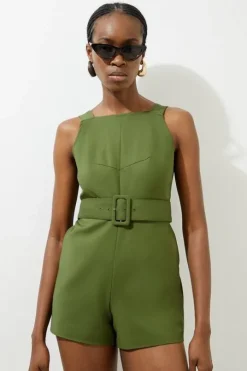 Petite Cotton Sateen Utility Woven Belted Strappy Romper