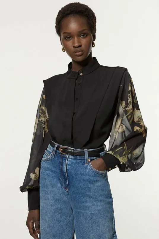 Petite Crinkle Balloon Sleeve High Neck Woven Shirt