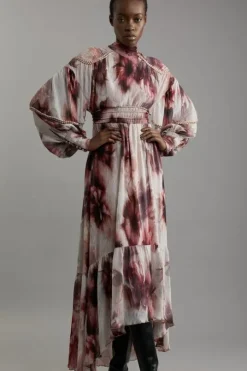 Petite Crinkle Floral Woven Midaxi Dress With Laced Back And Embellishment