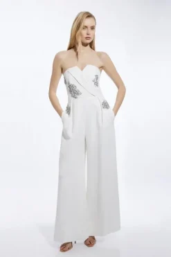 Petite Crystal Embellished Bandeau Tailored Wide Leg Jumpsuit