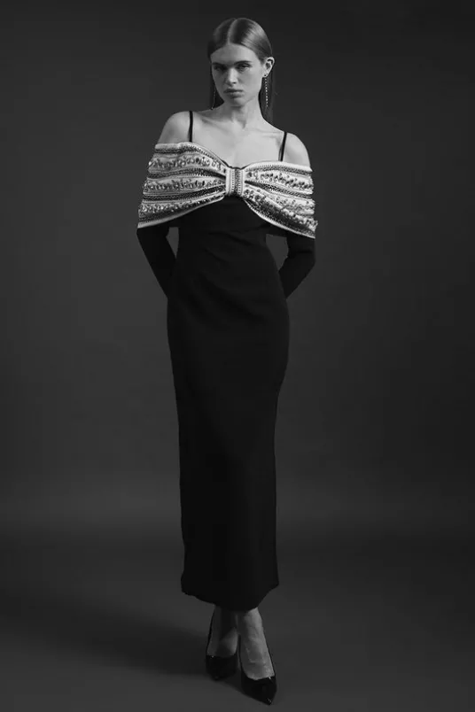 Petite Crystal Embellished Bow Detail Woven Maxi Dress