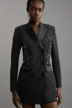 Petite Crystal Embellished Tailored Tuxedo Blazer Mini Dress