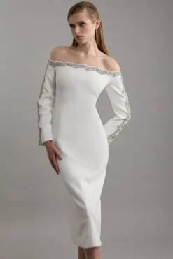 Petite Crystal Embellished Scalloped Off The Shoulder Tailored Midaxi Dress