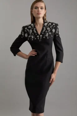 Petite Crystal Embellished Compact Stretch Belted Tailored Forever Dress