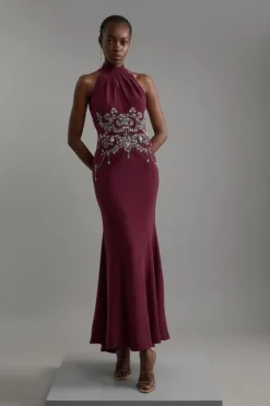 Petite Crystal Embellished Halter Maxi Dress