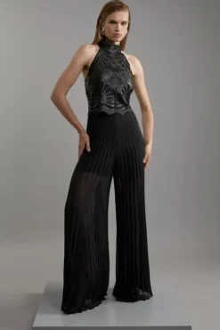 Petite Cutwork Halter Neck Pleated Wide Leg Jumpsuit