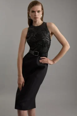 Petite Cutwork Pu Halter Neck Tailored Midi Dress