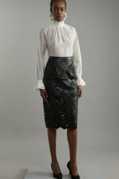 Petite Cutwork Pu Tailored Midi Skirt