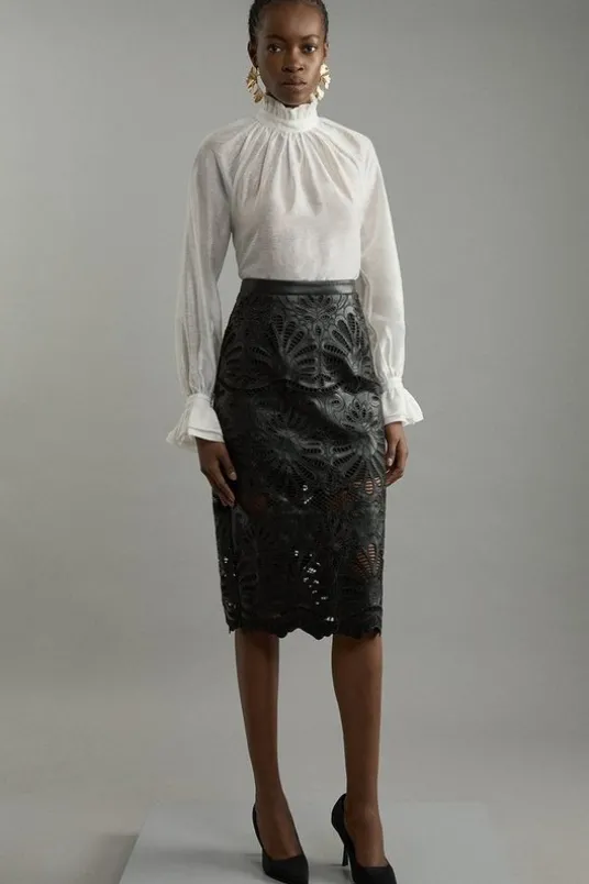 Petite Cutwork Pu Tailored Midi Skirt