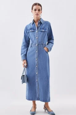 Petite Denim Long Sleeve Midi Shirt Dress