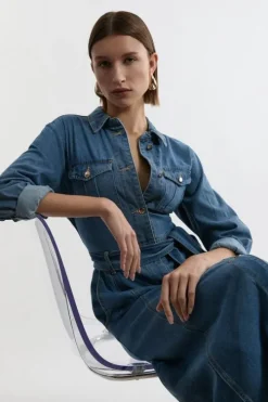 Petite Denim Tailored Collared Belted Dress