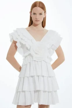 Petite Drama Pleat Ruffle Rosette Woven Mini Dress