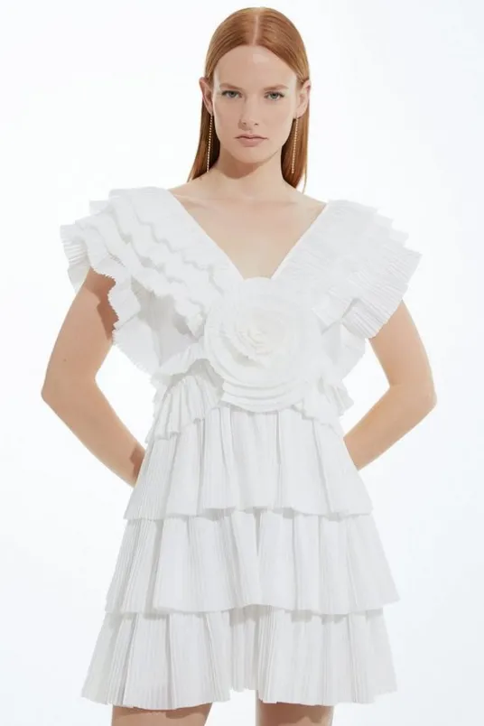 Petite Drama Pleat Ruffle Rosette Woven Mini Dress