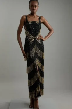 Petite Embellished Mirrored Fringe Strappy Maxi Dress