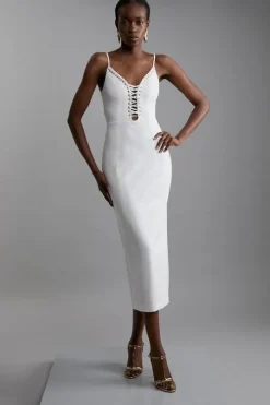 Petite Eyelet Detail Lace Up Ponte Jersey Midi Dress