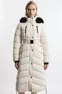 Petite Faux Down Padded Belted Hooded Puffer Coat
