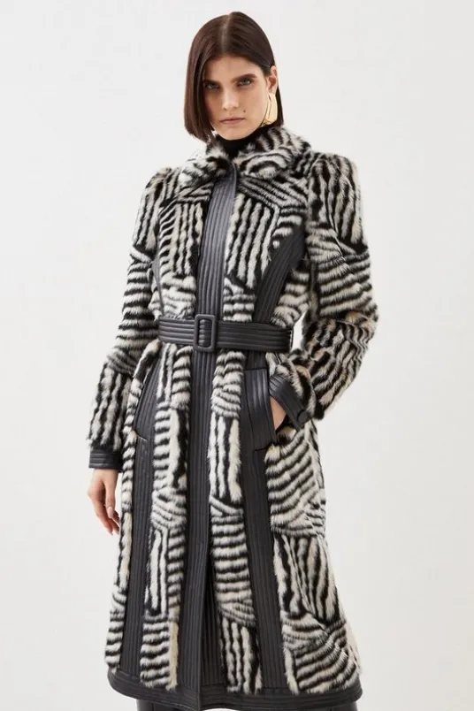 Petite Faux Fur Pu Panelled Stripe Belted Coat