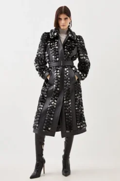 Petite Faux Fur Pu Panelled Abstract Belted Coat