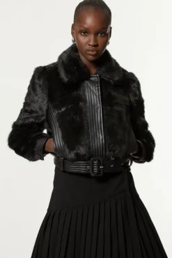 Petite Faux Fur Pu Panelled Belted Cropped Jacket