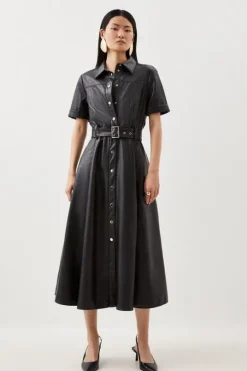 Petite Faux Leather Belted Midi Shirt Dress