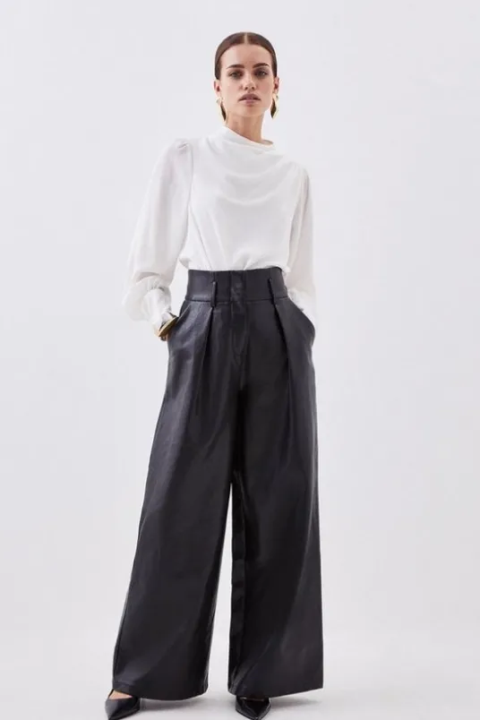 Petite Faux Leather High Waisted Wide Leg Pants