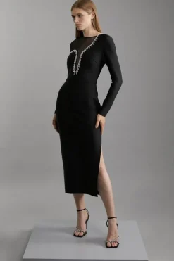 Petite Figure Form Bandage Mesh Detail Asymmetric Trim Midi Dress