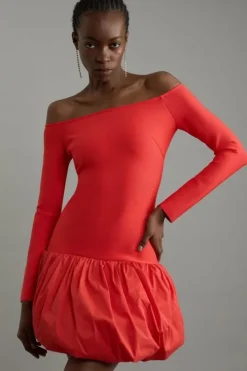 Petite Figure Form Bandage Knit Structured Puff Ball Mini Dress