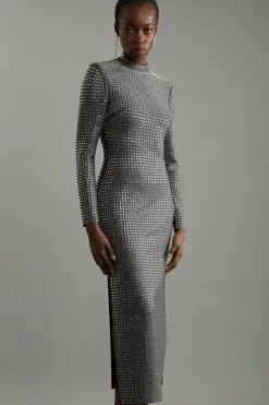 Petite Figure Form Bandage Knit All Over Embellished Maxi Dress