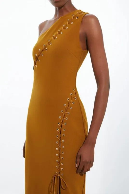Petite Figure Form Laced Detail Woven One Shoulder Midi Dress