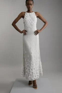 Petite Floral Applique Crystal Beaded Woven Halter Maxi Dress