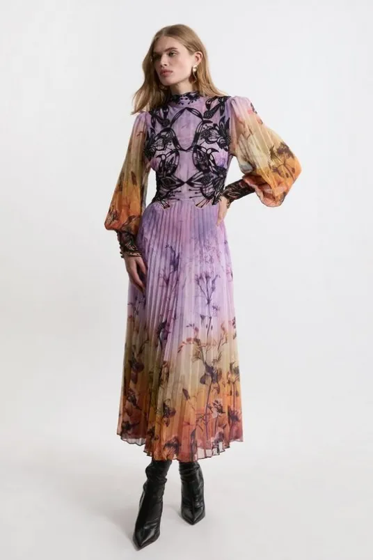 Petite Floral Applique Lace Pleated Woven Maxi Dress