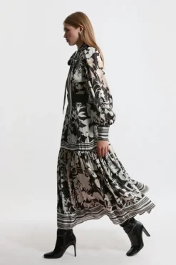 Petite Floral Pleated Tie Neck Woven Midaxi Dress