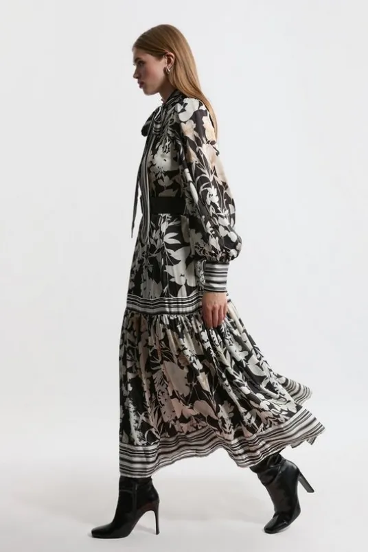 Petite Floral Pleated Tie Neck Woven Midaxi Dress